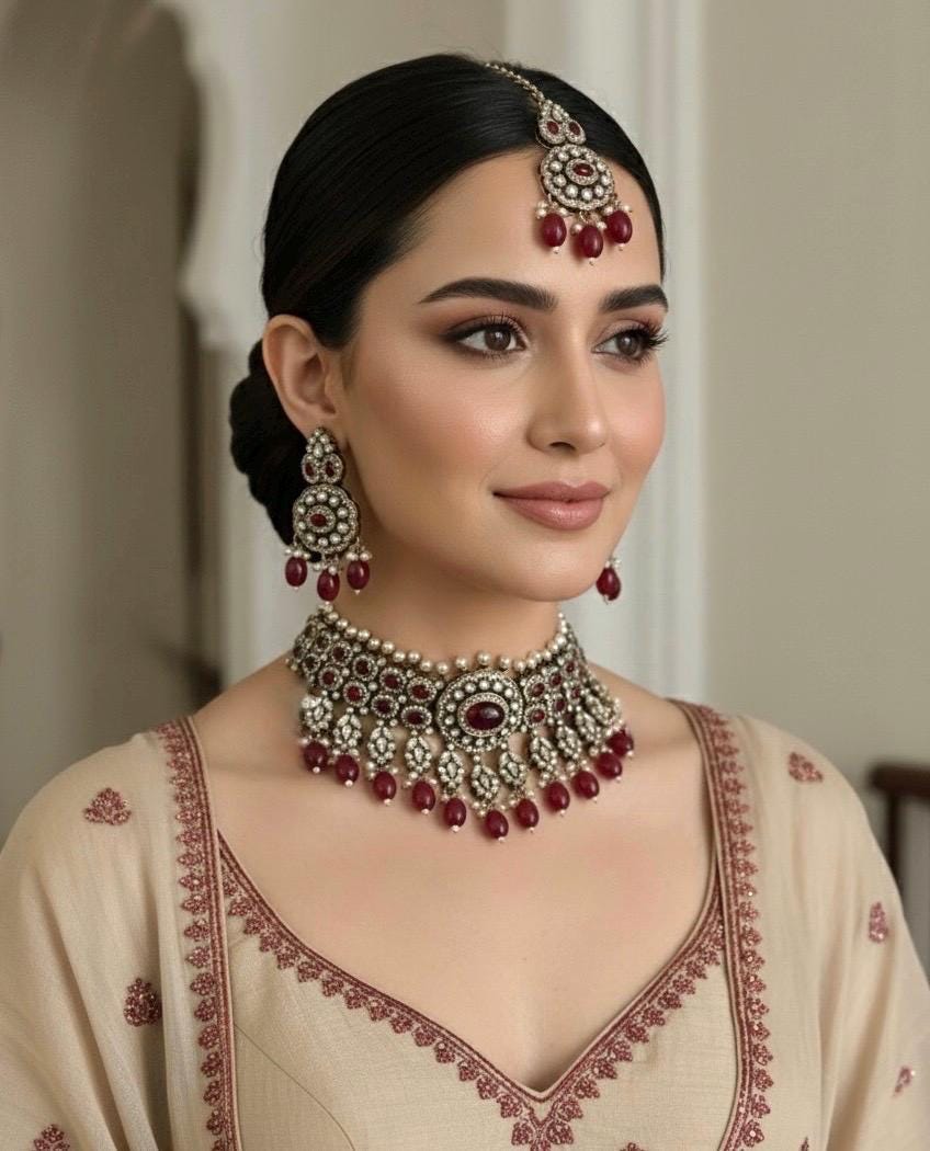 SHEHLA Red maroon colour Victorian style kundan and cz choker necklace set with maangtika, Indian Pakistani wedding bridal jewelry