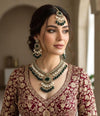 TAZEEN Green colour Victorian style kundan and cz necklace set with maangtika, Indian Pakistani wedding bridal jewelry