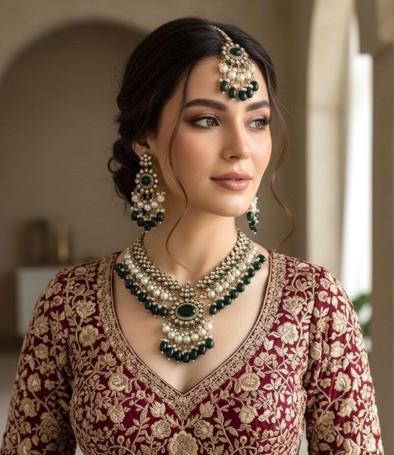 TAZEEN Green colour Victorian style kundan and cz necklace set with maangtika, Indian Pakistani wedding bridal jewelry
