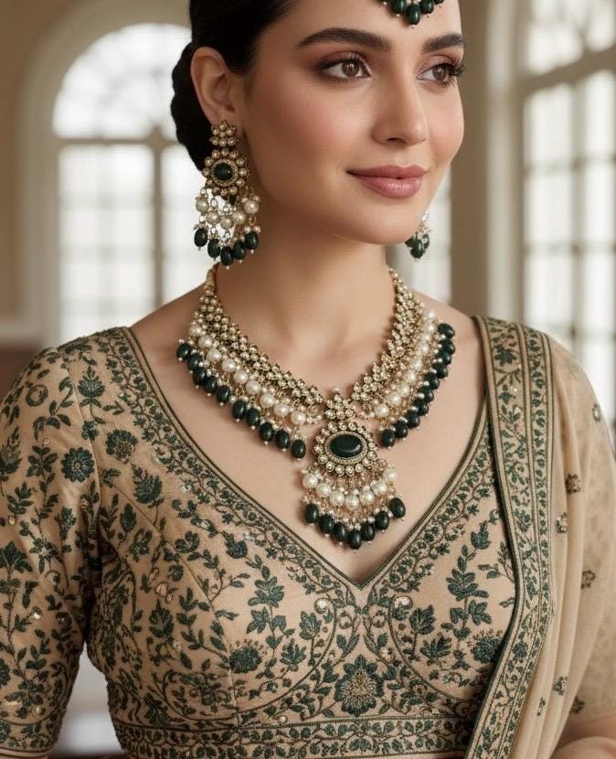 TAZEEN Green colour Victorian style kundan and cz necklace set with maangtika, Indian Pakistani wedding bridal jewelry