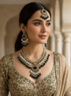 TAZEEN Green colour Victorian style kundan and cz necklace set with maangtika, Indian Pakistani wedding bridal jewelry