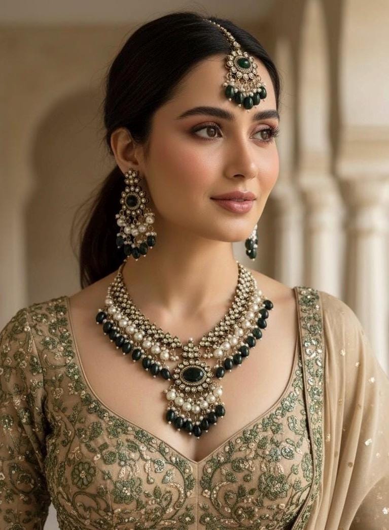 TAZEEN Green colour Victorian style kundan and cz necklace set with maangtika, Indian Pakistani wedding bridal jewelry