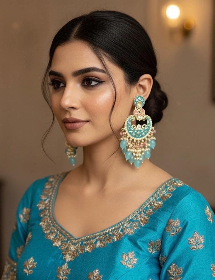 AADHYA blue colour earrings/Bollywood meenakari earrings/Pakistani bridal jewelry /Indian Diwali jewelry/ blue peach chandbali