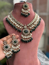 TAZEEN Green colour Victorian style kundan and cz necklace set with maangtika, Indian Pakistani wedding bridal jewelry