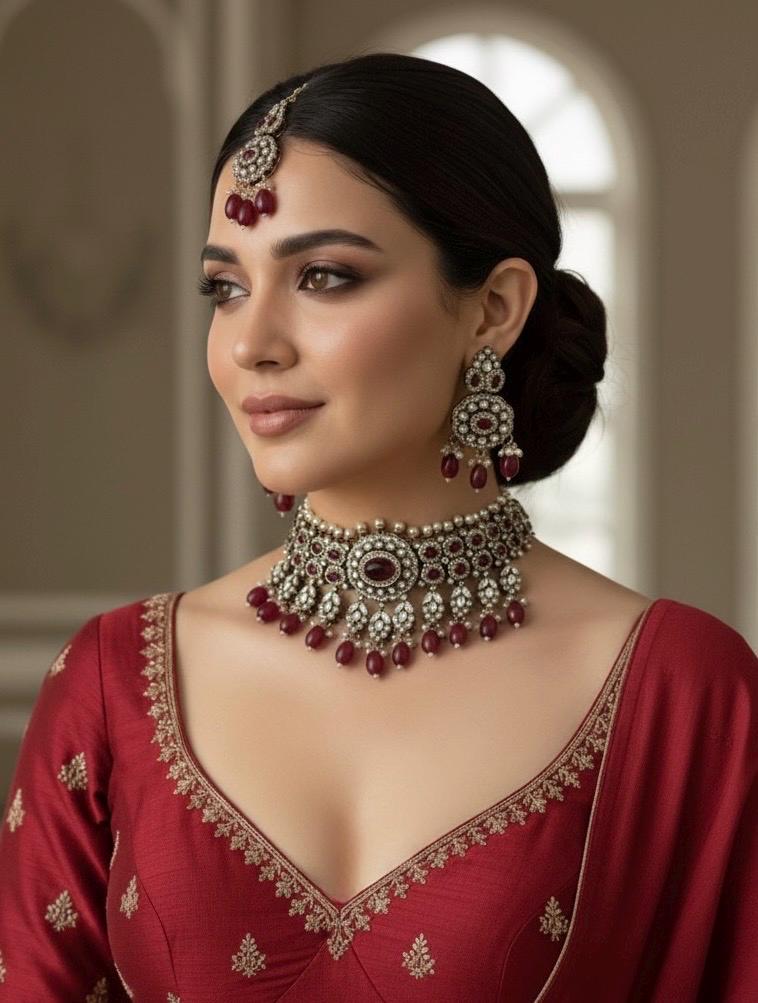 SHEHLA Red maroon colour Victorian style kundan and cz choker necklace set with maangtika, Indian Pakistani wedding bridal jewelry
