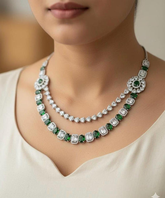 INAYA Green colour two layer jewelry,American Diamond High Quality necklace set bridal wedding jewelry,Emerald green layered necklace
