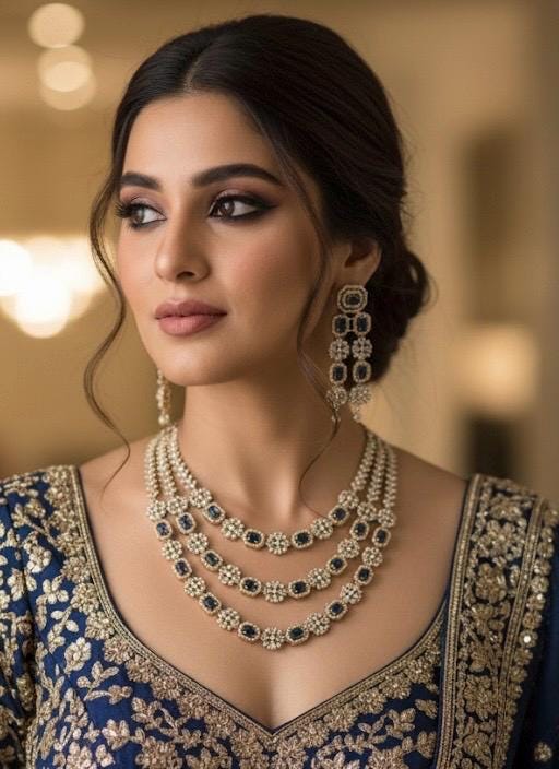 BARIKA three layered sapphire blue kundan and zircon sleek necklace set in mehndi golden polish,Indian victorian style jewelry
