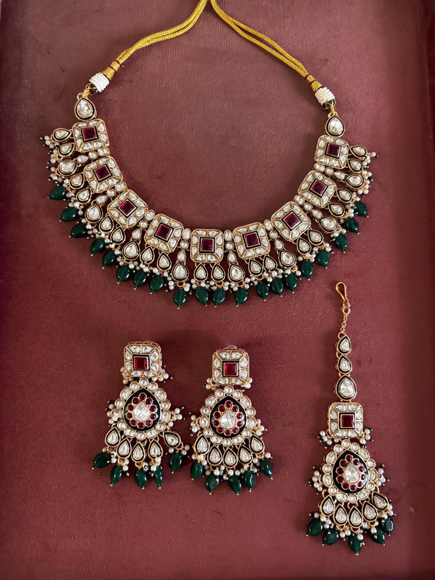 ZIYANA Ruby green necklace set in high quality kundan,Indian Pakistani wedding bridal jewellery, Maangtika included