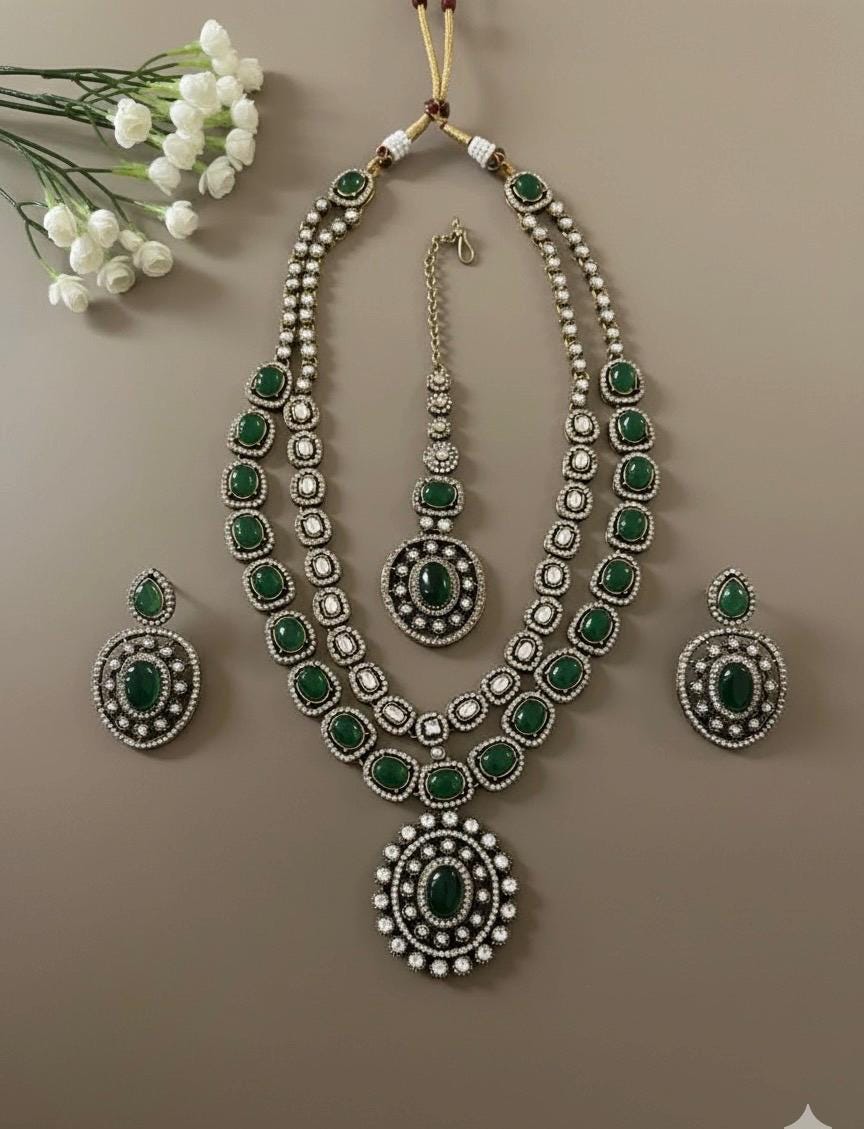 SELENA Green colour Victorian style kundan and cz necklace set with maangtika, Indian Pakistani wedding bridal jewelry