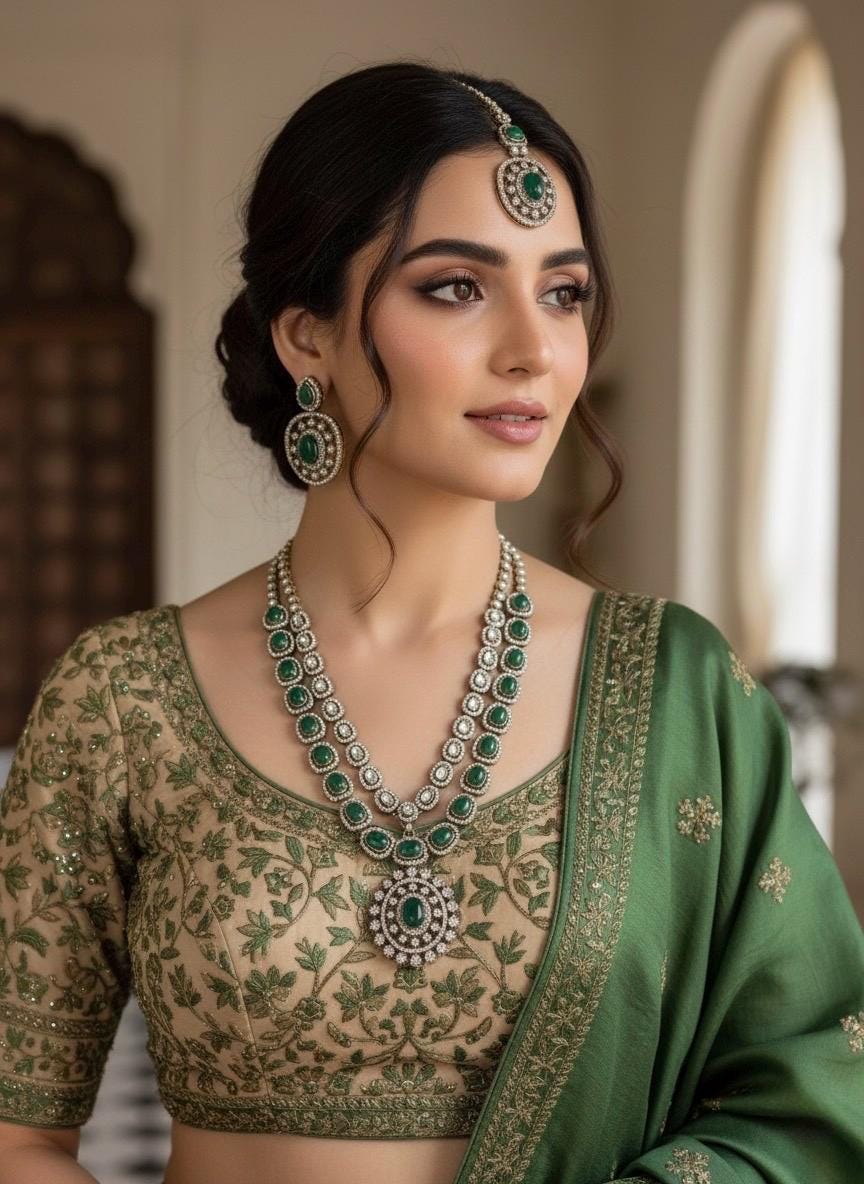 SELENA Green colour Victorian style kundan and cz necklace set with maangtika, Indian Pakistani wedding bridal jewelry