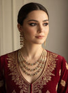 BARIKA three layered red kundan and zircon sleek necklace set in mehndi golden polish,Indian victorian style jewelry