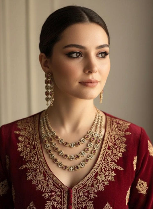 BARIKA three layered red kundan and zircon sleek necklace set in mehndi golden polish,Indian victorian style jewelry