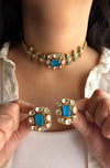 SABAA turquoise blue kundan polki Choker with stud Earrings, doublet stone aqua blue colour necklace set,Indian Pakistani bridal jewelry