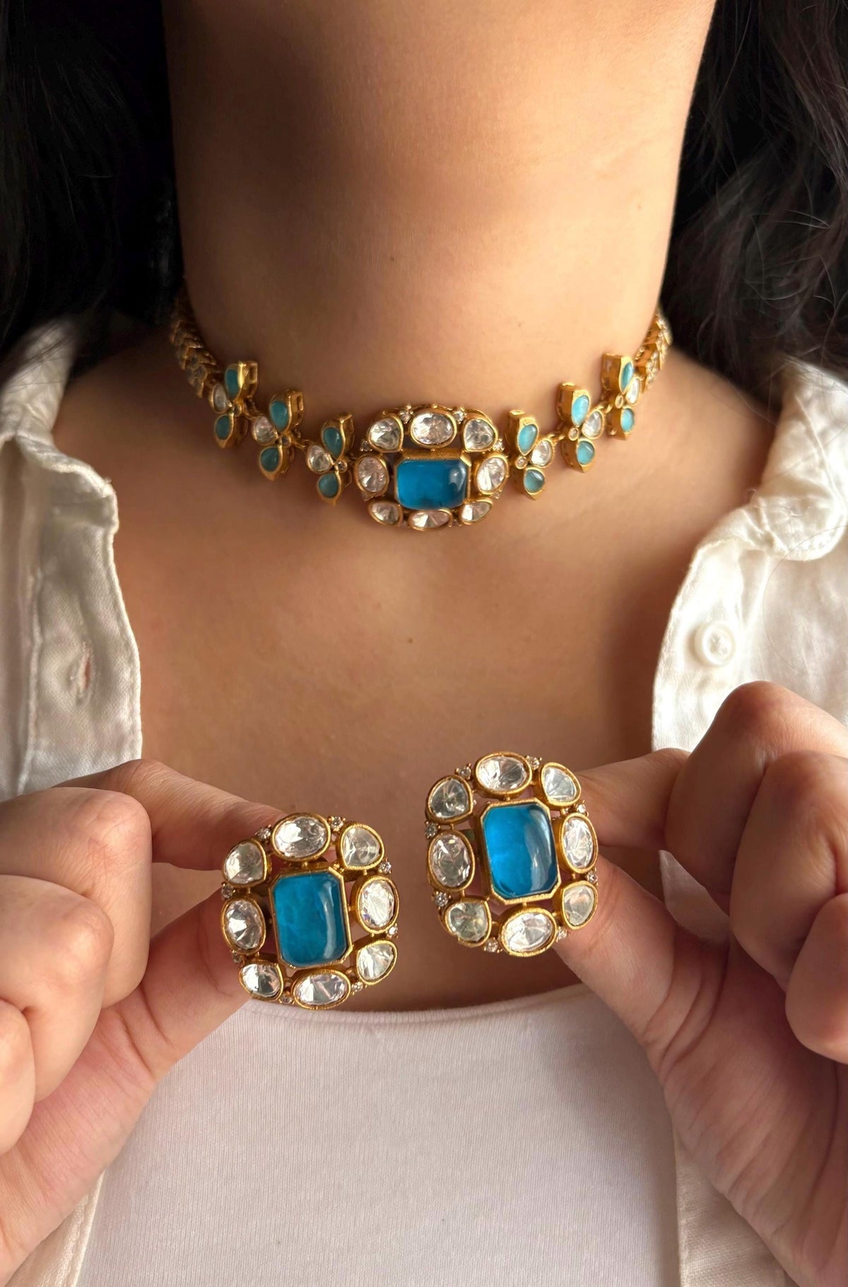 SABAA turquoise blue kundan polki Choker with stud Earrings, doublet stone aqua blue colour necklace set,Indian Pakistani bridal jewelry