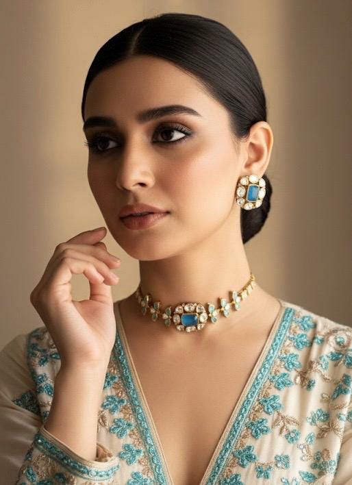 SABAA turquoise blue kundan polki Choker with stud Earrings, doublet stone aqua blue colour necklace set,Indian Pakistani bridal jewelry