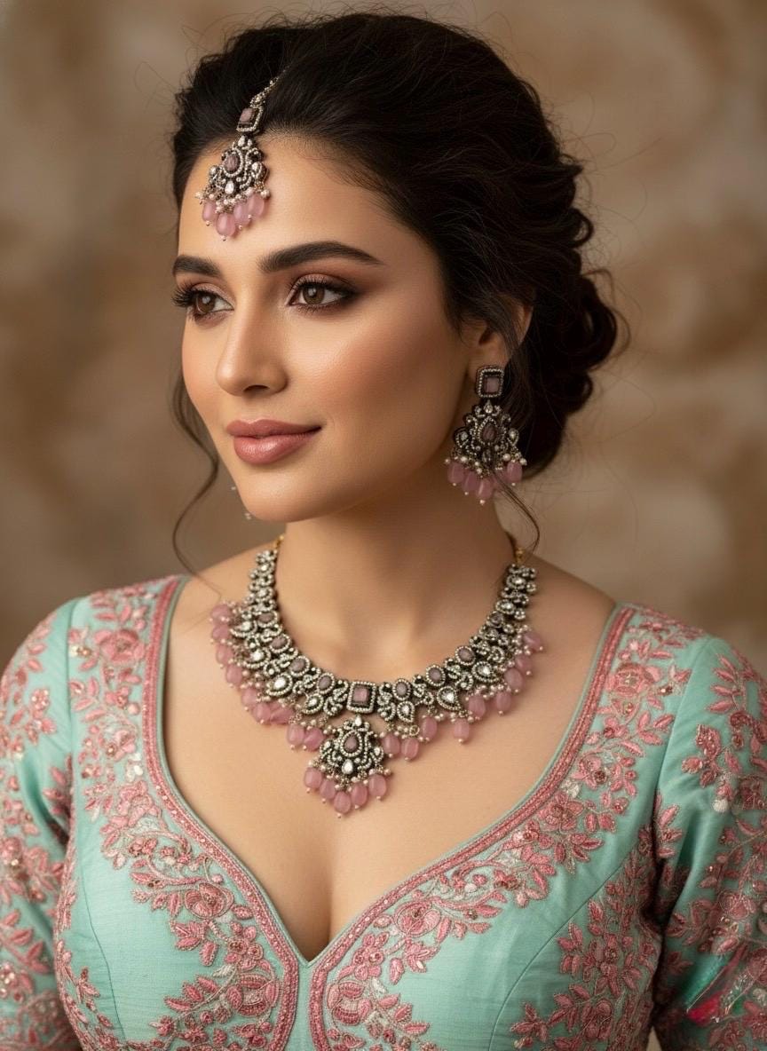 MAHIRA light pink  cz kundan and zircon necklace set in victorian and golden polish, Indian bridal victorian style pink colour jewelry