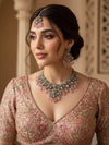 MAHIRA light pink  cz kundan and zircon necklace set in victorian and golden polish, Indian bridal victorian style pink colour jewelry
