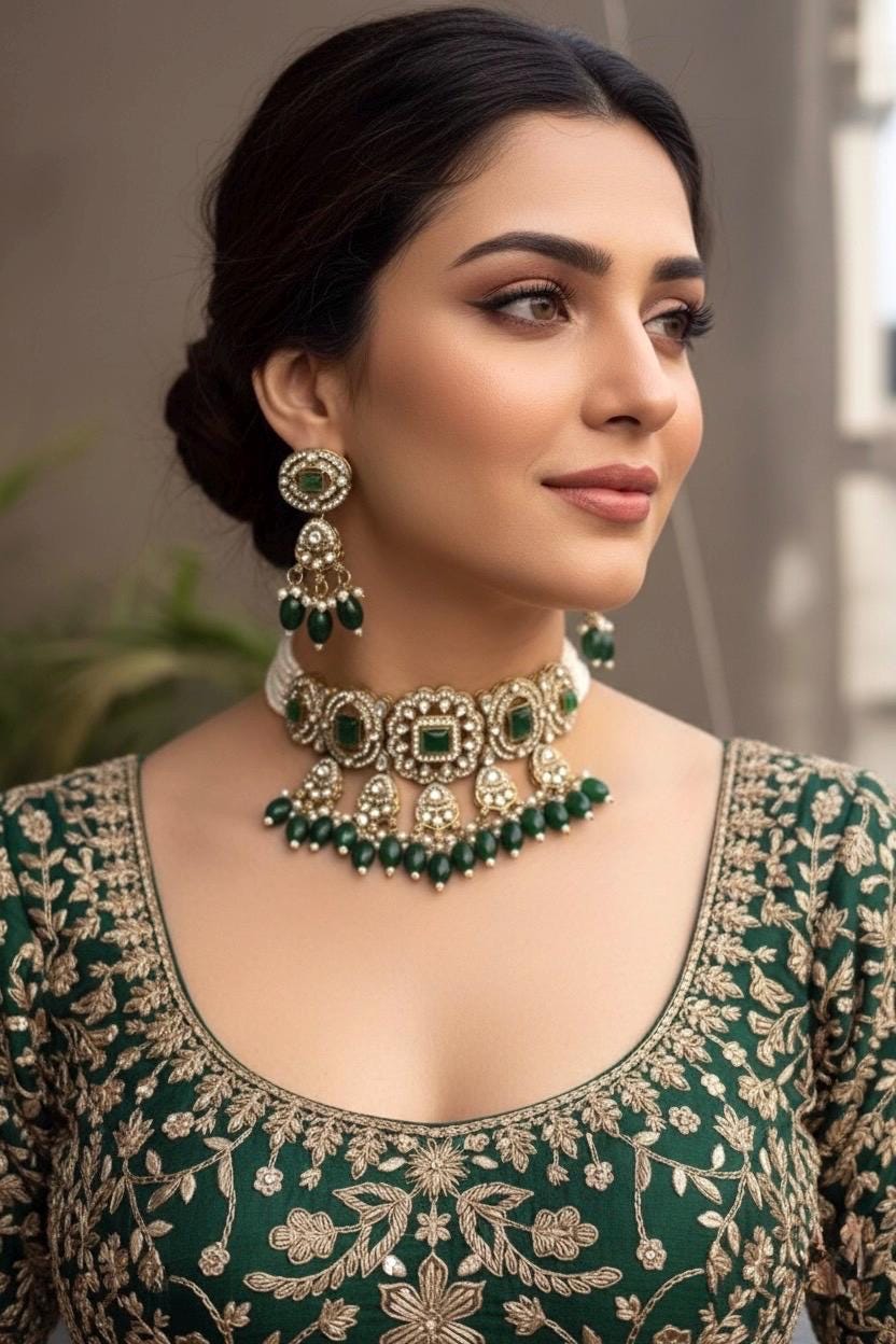 RAYMA Green colour Victorian style kundan and cz choker  necklace set , Indian Pakistani wedding bridal jewelry, dark green choker set