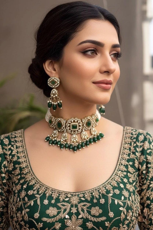 RAYMA Green colour Victorian style kundan and cz choker  necklace set , Indian Pakistani wedding bridal jewelry, dark green choker set