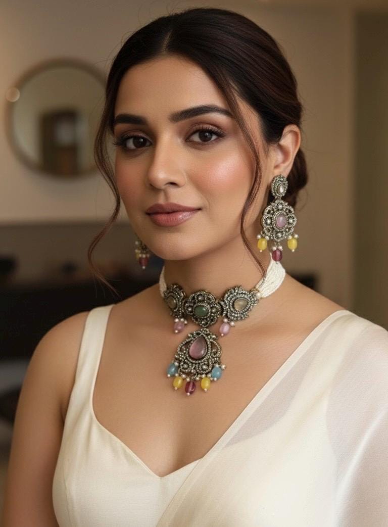 SUMAIRA Navratna Victorian style kundan and cz multicoloured choker set ,Indian Pakistani wedding bridal jewelry,navratan necklace set