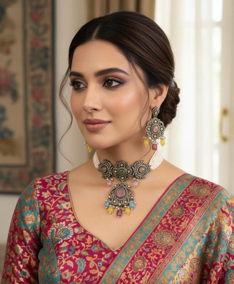 SUMAIRA Navratna Victorian style kundan and cz multicoloured choker set ,Indian Pakistani wedding bridal jewelry,navratan necklace set