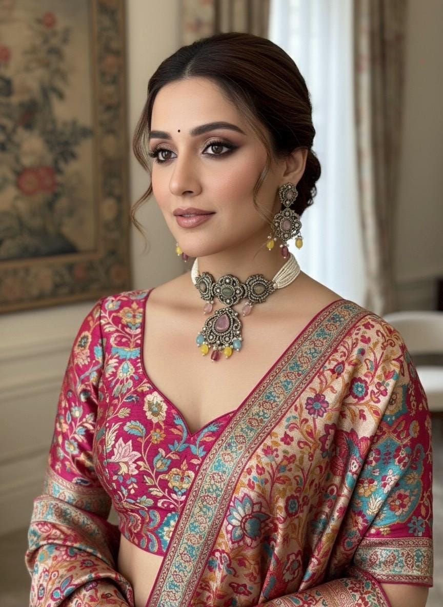 SUMAIRA Navratna Victorian style kundan and cz multicoloured choker set ,Indian Pakistani wedding bridal jewelry,navratan necklace set
