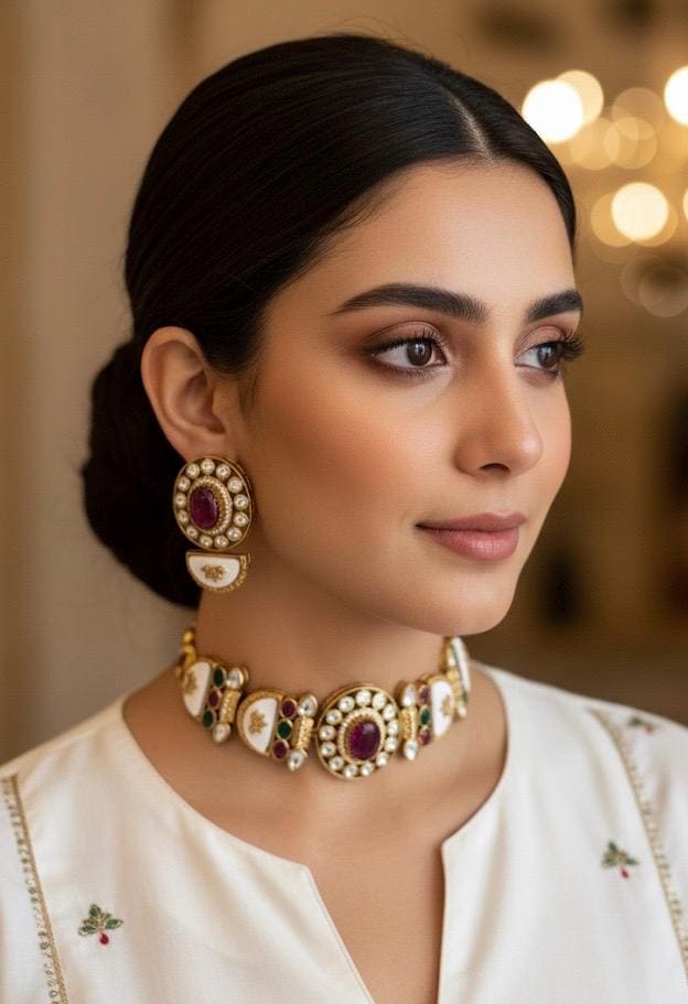 BAANI multicoloured choker necklace Set with Earrings, Pakistani wedding jewelry, Sabyasachi inspired red green Indian bridal choker set