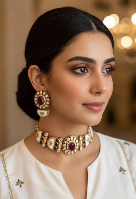 BAANI multicoloured choker necklace Set with Earrings, Pakistani wedding jewelry, Sabyasachi inspired red green Indian bridal choker set