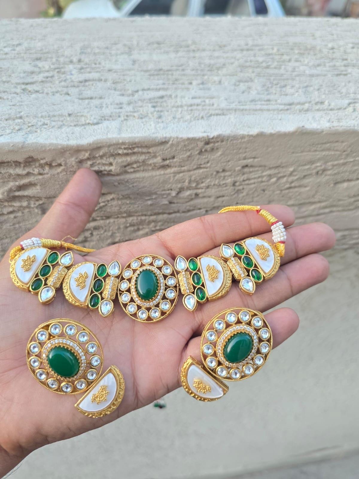 BAANI Green choker necklace Set with Earrings, Pakistani wedding jewelry, Sabyasachi inspired green Indian bridal choker set