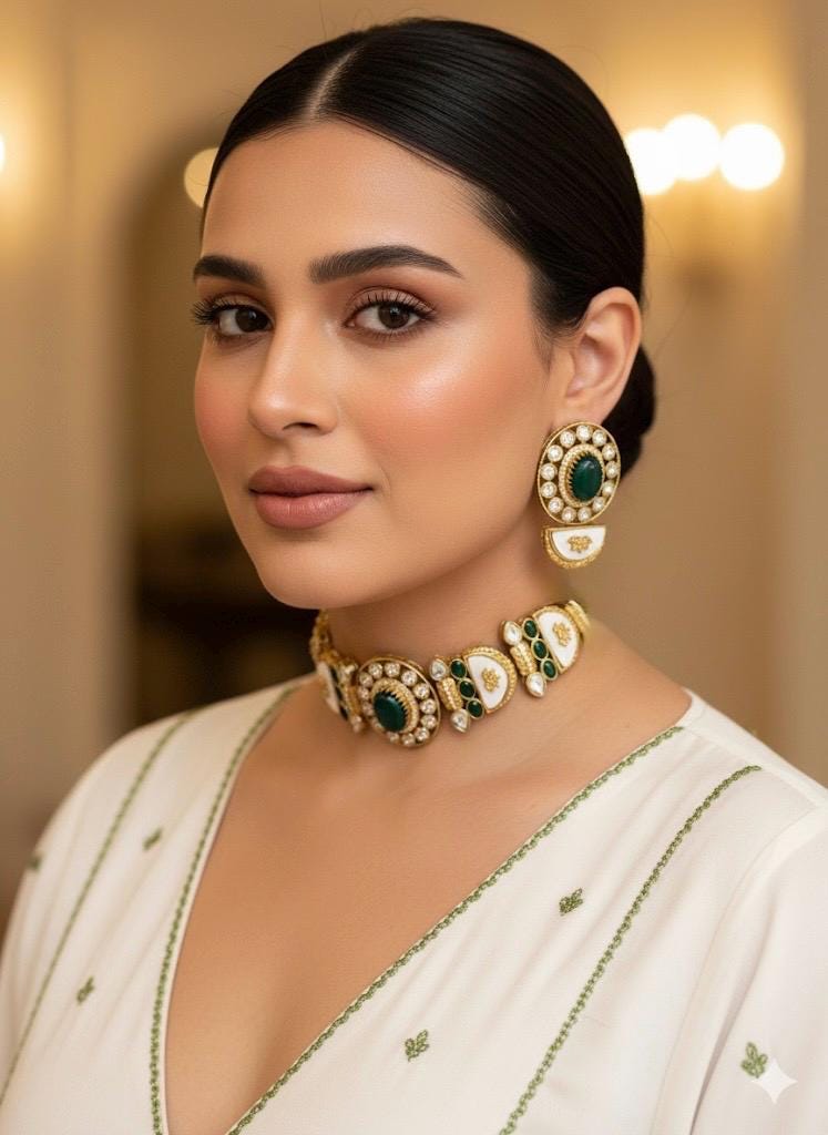 BAANI Green choker necklace Set with Earrings, Pakistani wedding jewelry, Sabyasachi inspired green Indian bridal choker set