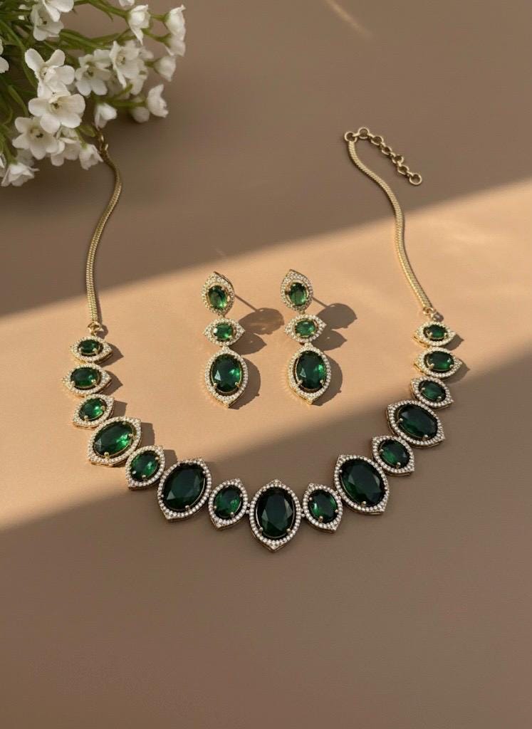 ELIANA dark green cz and zircon sleek necklace and earrings in mehndi golden polish, American diamond bridal jewelry, prom jewelry