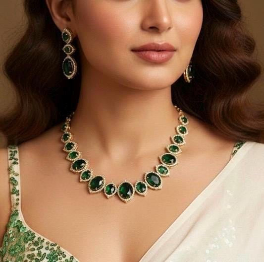 ELIANA dark green cz and zircon sleek necklace and earrings in mehndi golden polish, American diamond bridal jewelry, prom jewelry