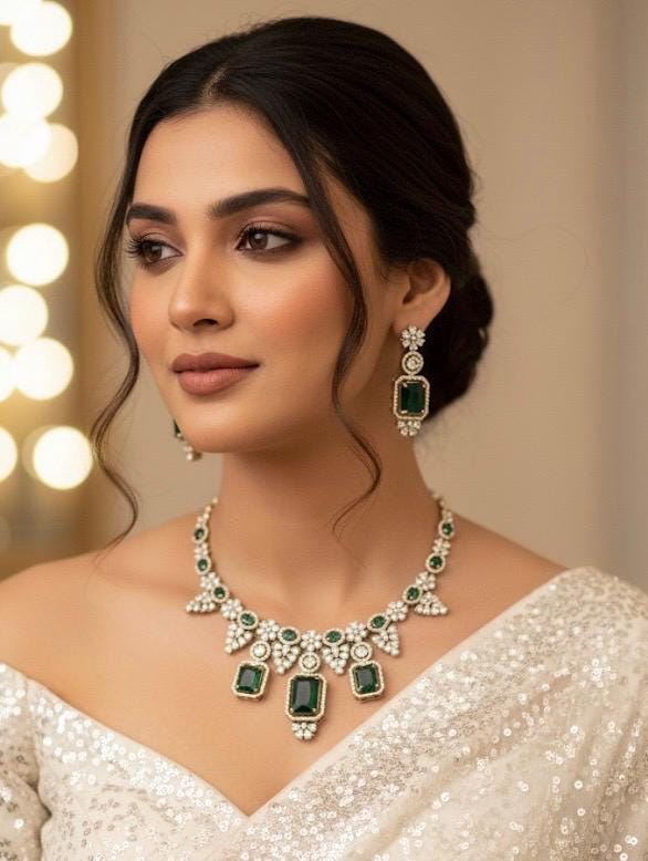 MABLE emerald green cz and zircon sleek Victorian necklace and earrings in mehndi golden polish, American diamond Prom jewelry
