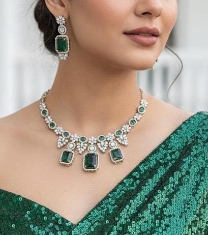 MABLE emerald green cz and zircon sleek Victorian necklace and earrings in mehndi golden polish, American diamond Prom jewelry