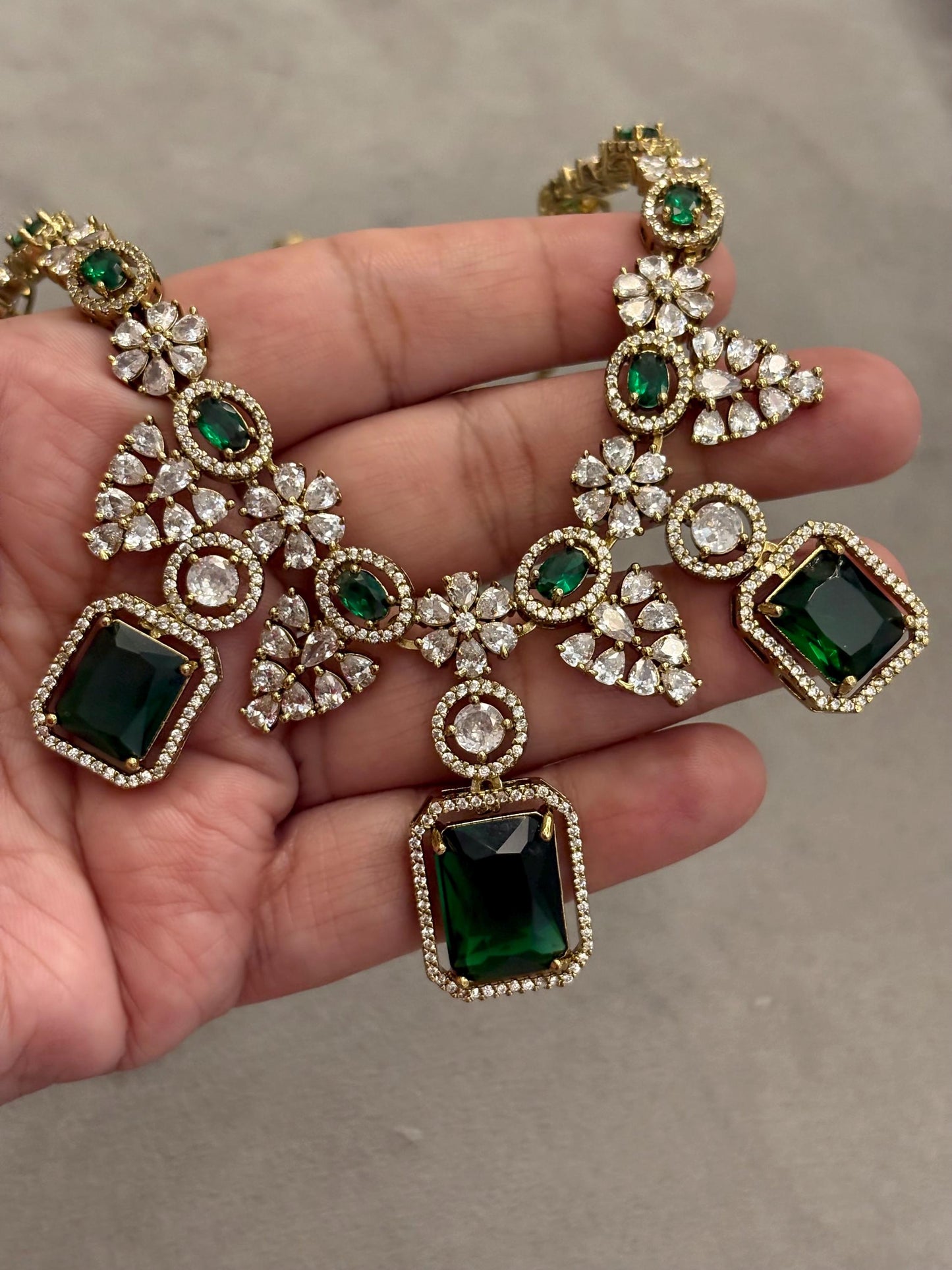 MABLE emerald green cz and zircon sleek Victorian necklace and earrings in mehndi golden polish, American diamond Prom jewelry