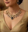 RIMAYA Sabyasachi inspired black cz zircon and kundan sleek necklace set in antique golden polish,Indian victorian style jewelry in AD stone