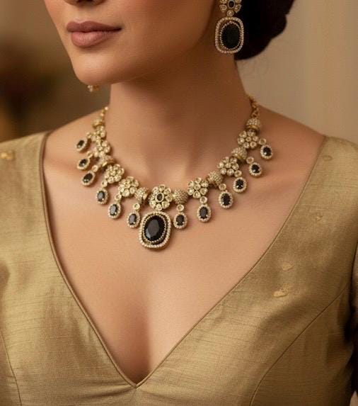RIMAYA Sabyasachi inspired black cz zircon and kundan sleek necklace set in antique golden polish,Indian victorian style jewelry in AD stone