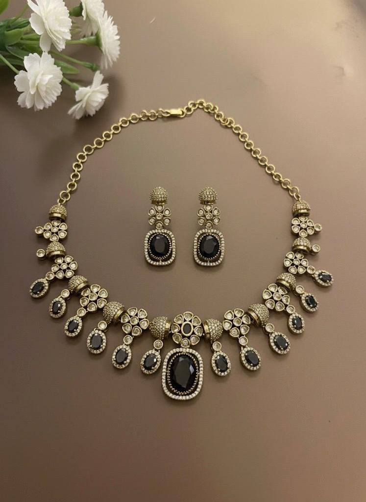 RIMAYA Sabyasachi inspired black cz zircon and kundan sleek necklace set in antique golden polish,Indian victorian style jewelry in AD stone