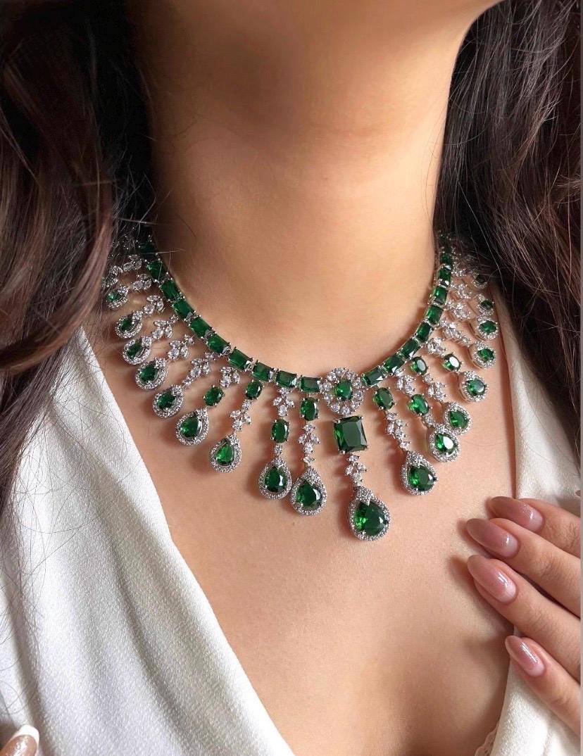 MALLIKA Green American Diamond High Quality necklace set,emerald green zircon bridal wedding jewelry,maangtika included