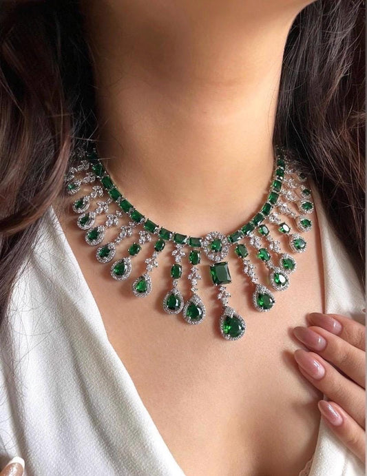 MALLIKA Green American Diamond High Quality necklace set,emerald green zircon bridal wedding jewelry,maangtika included