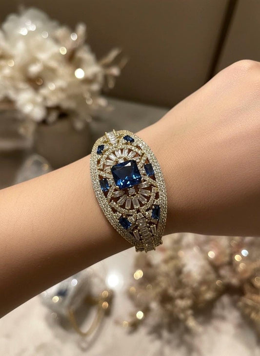 BANO sapphire blue bracelet in antique golden polish,cz zircon openable adjustable bracelet,American diamond dark blue bangle bracelet