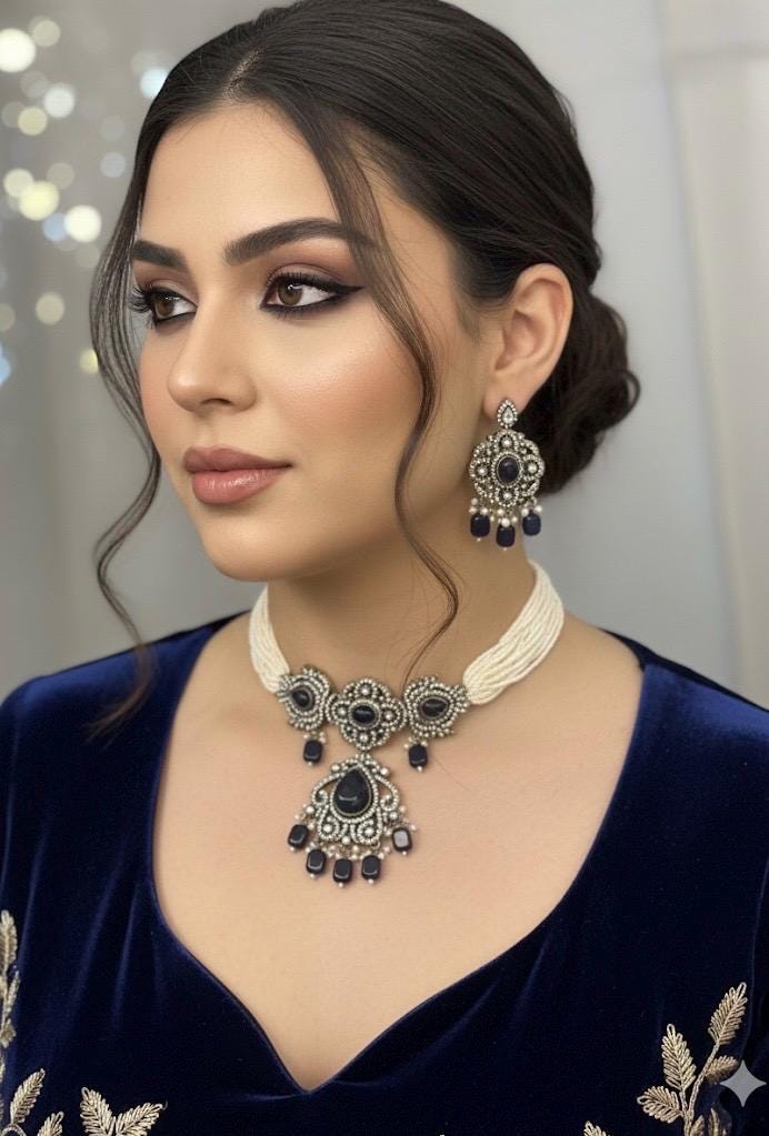 SUMAIRA deep blue kundan cz choker necklace earrings,indian wedding jewelry pakistani nikaah jewelry,blue colour bridal jewelry
