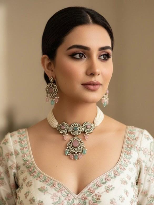 SUMAIRA mint pink kundan cz choker necklace earrings,indian wedding jewelry pakistani nikaah jewelry,mint pink colour bridal jewelry