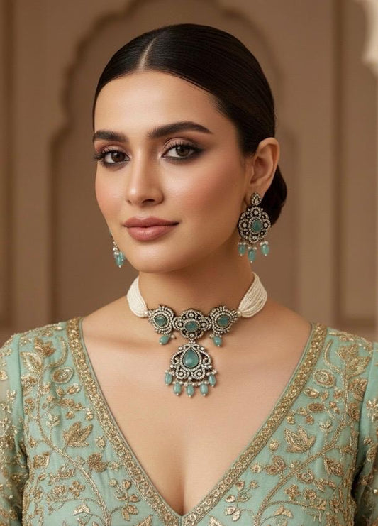 SUMAIRA mint  kundan cz choker necklace earrings,indian wedding jewelry pakistani nikaah jewelry,mint colour bridal choker set