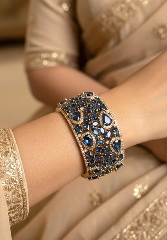 MYRA sapphire blue bracelet in antique golden polish,cz zircon openable  bracelet,American diamond  blue bangle bracelet