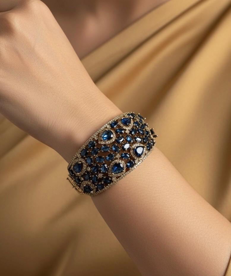 MYRA sapphire blue bracelet in antique golden polish,cz zircon openable  bracelet,American diamond  blue bangle bracelet