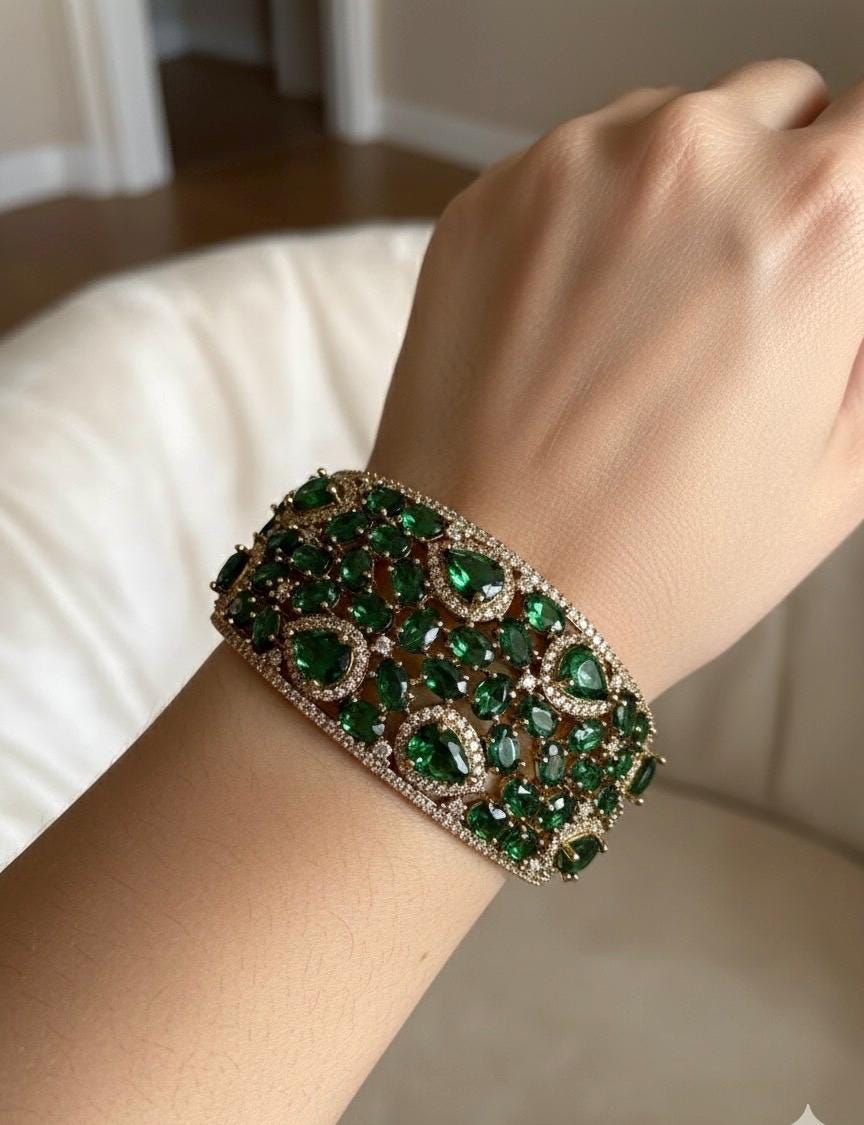 MYRA Emerald green bracelet in antique golden polish,cz zircon openable  bracelet,American diamond green bangle bracelet