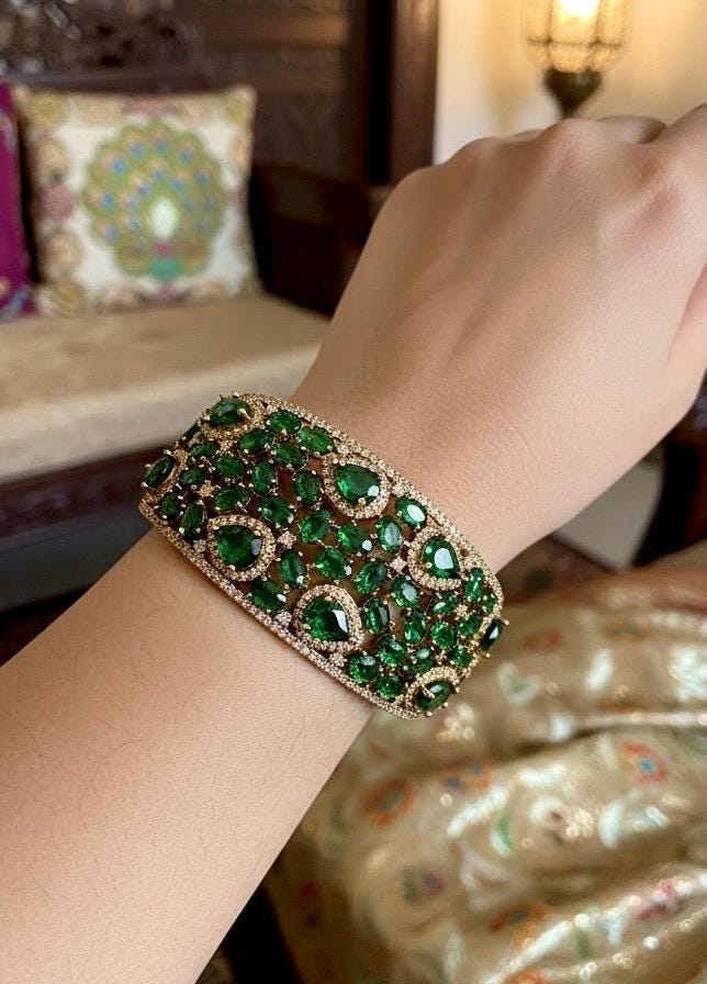 MYRA Emerald green bracelet in antique golden polish,cz zircon openable  bracelet,American diamond green bangle bracelet