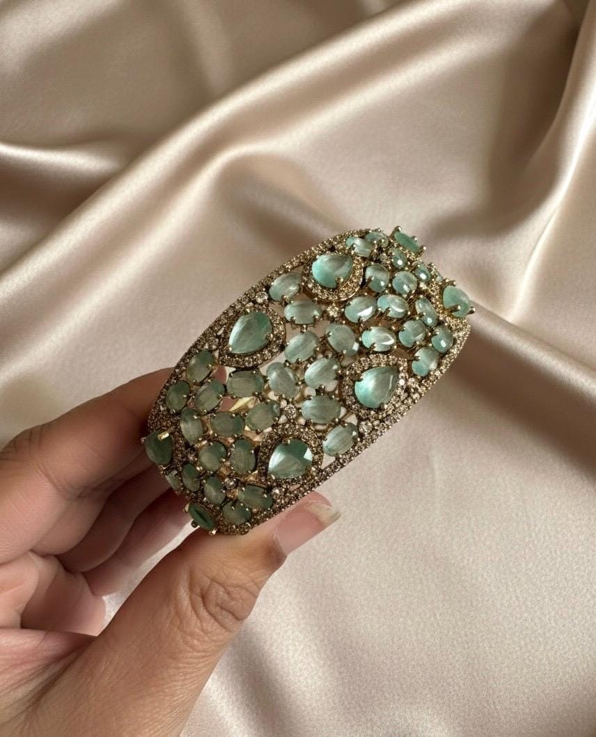 MYRA mint bracelet in antique golden polish,cz zircon openable  bracelet,American diamond mint colour bangle bracelet