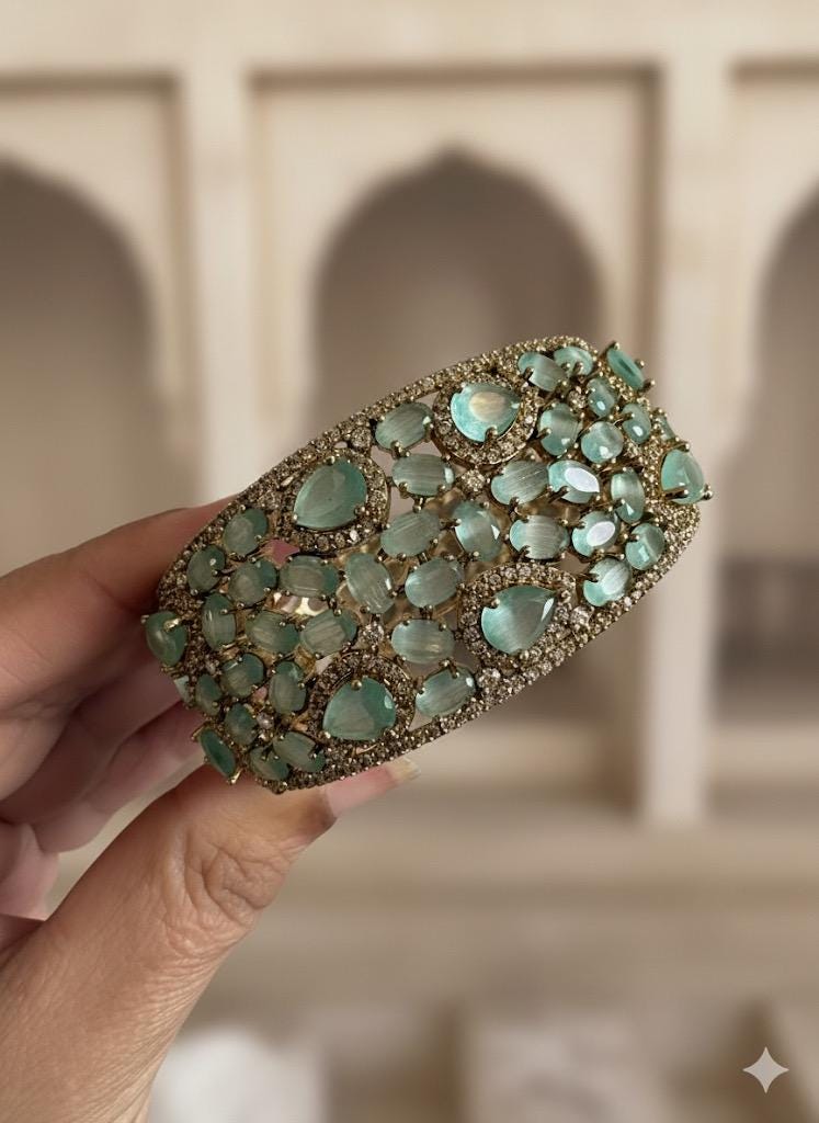 MYRA mint bracelet in antique golden polish,cz zircon openable  bracelet,American diamond mint colour bangle bracelet